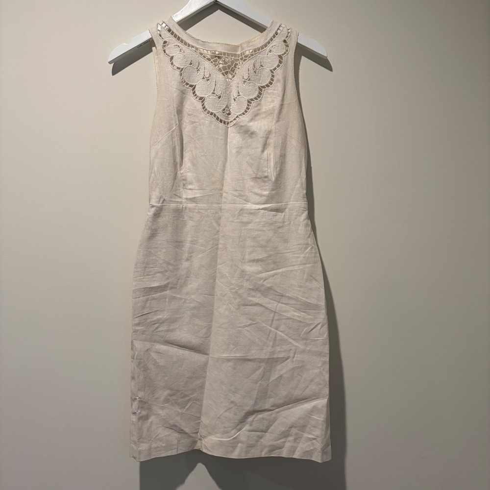 Ann Taylor LOFT Cream Linen Cotton Crochet Lace Neckline Sheath Dress 2 282097